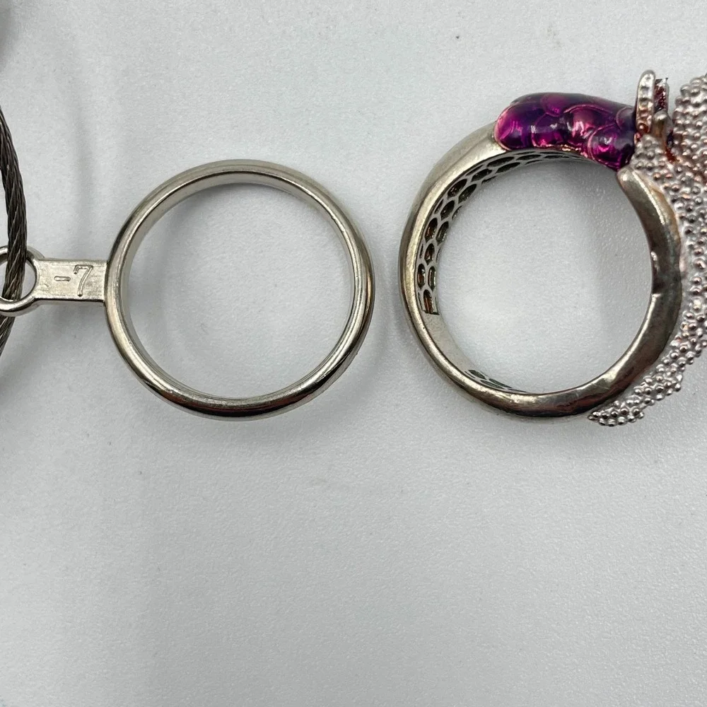 Vintage Silver Tone Textured Dragon Ring Purple Enamel Ruby Red Rhinestone Eyes
